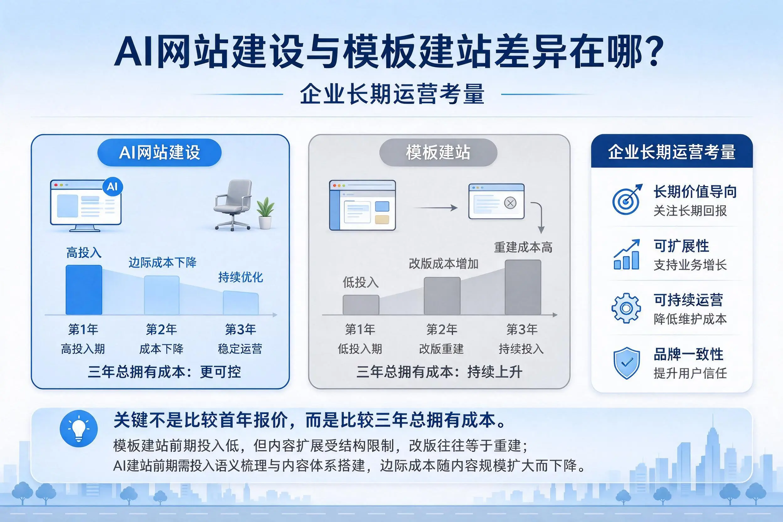 AI网站建设与模板建站差异在哪?南平企业长期运营考量