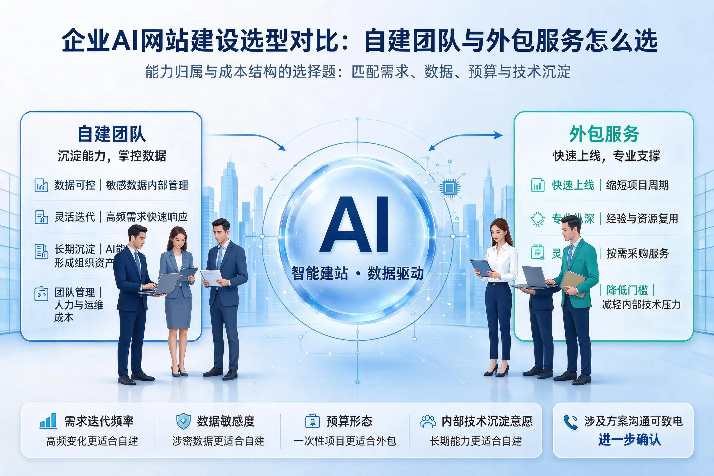 南平企业AI网站建设选型对比：自建团队与外包服务怎么选